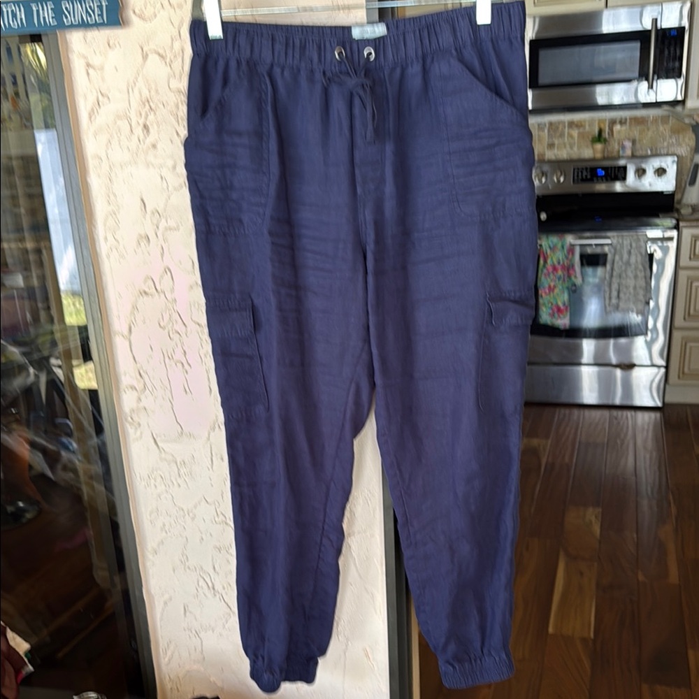 Nicole by Nicole Miller 100% Linen Blue Relaxed Fit Joggers